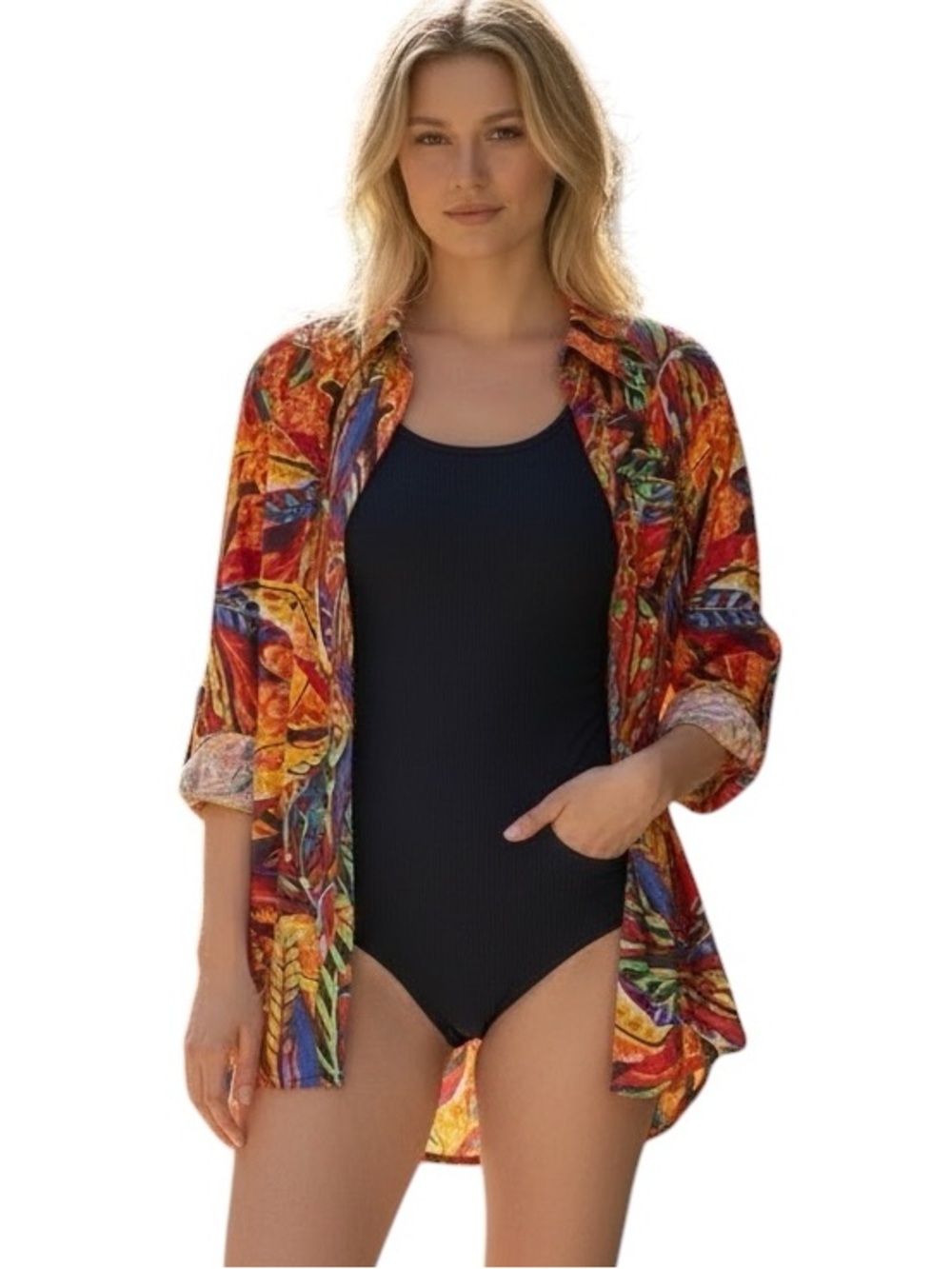 True Destinations boho tropical red floral button down tunic shirt coverup top M